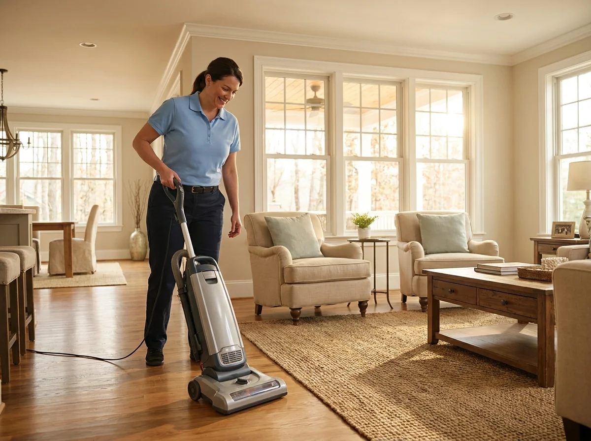 Professional cleaner vacuuming a bright living room
